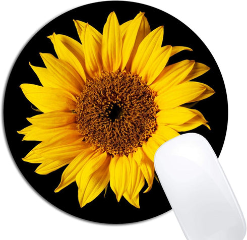 Sunflower On Black Mouse Pad, Round Non-Slip Rubber Mousepad for Laptop Office Computer Decor, Cute Desk Accessories