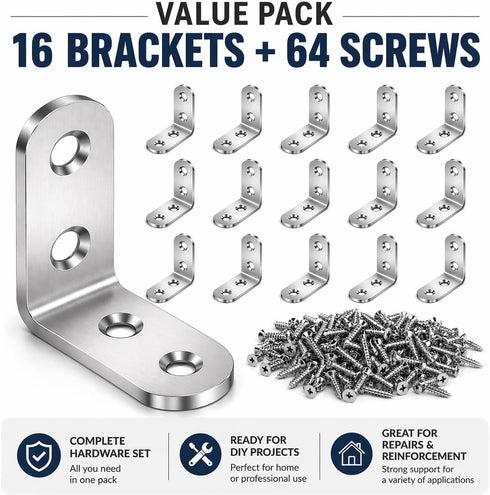 FZSFVAQ 16PCS 64 90 Set, Stainless Steel L Brackets with Screws, Degree Right Angle Corner Brace Metal Corner Brackets