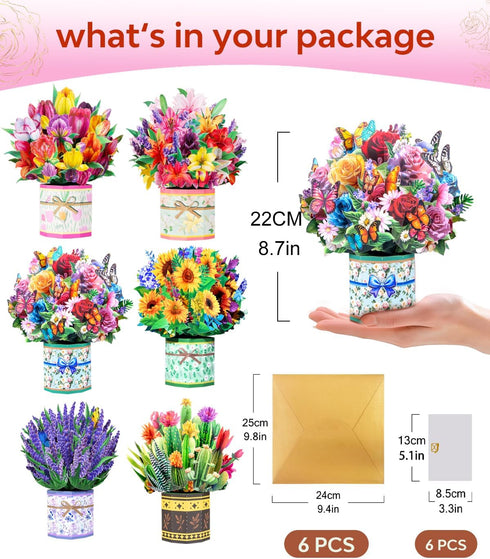 Set 6 3D Pop Up Flower Bouquet Card for Women Unique Floral Designs with Envelopes & Separate Blank Note Cards, Forever