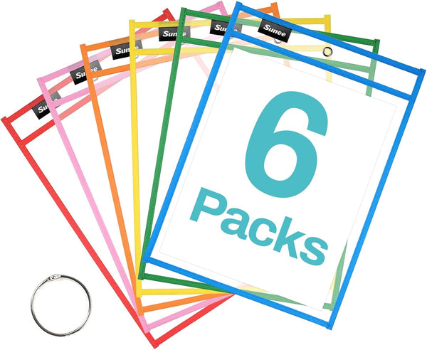 SUNEE 6 Packs Oversized Reusable Dry Erase Pocket Sleeves with Binder Ring,