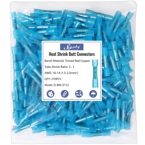 Heat Shrink Butt Wire Connectors, Sopoby 210Pcs 16-14 AWG Blue Insulated Waterproof Electrical Wire Connectors