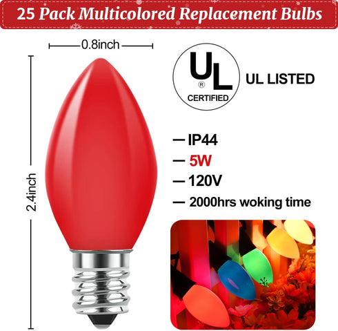 C7 Bulbs, 25 Pack Bulbs E12/C7 5 PASUTO Christmas Replacement Multicolor Ceramic Light for Christmas Outdoor Indoor