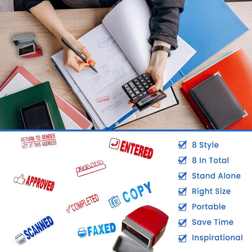 Self Inking Office Stamp Set, 8 PCS Stamps for Approved, Paid, Completed, Copy, Faxed, Scanned, Business Stamps