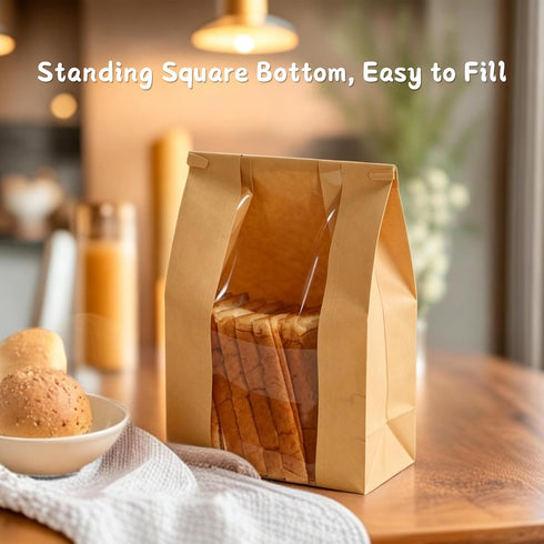 13.8x8.3x3.5 (50PCS) Bread Bags for Homemade Bread With Tin Tie Tab and Clear Front Window, in Large Kraft Bakery Bags