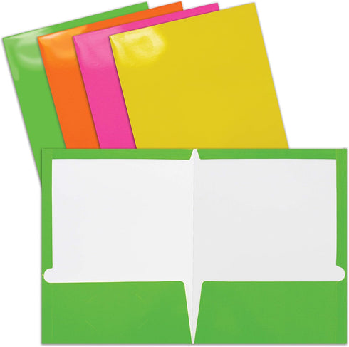 Better Office Products 2 Pocket Glossy Laminated Neon Paper Folders, Letter Size, Box of 48-4 NEON Colors