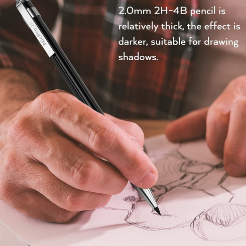 Nicpro 6 PCS Art Mechanical Pencil Set, Black Metal Drafting Pencils 0.3-0.9mm & 2PCS 2mm Graphite Lead Holder