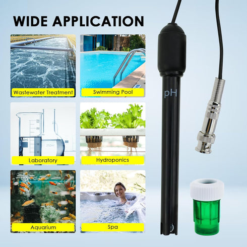 0-14 pH Electrode Probe, pH Meter with Replacement BNC Connector and 300cm Cable Sensor for Hydroponics, Aquarium