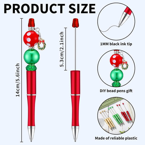 Whaline 24Pcs Red Green Gold Beadable Pen 3 Colors Bead Ballpoint Pen Gel Ink Pen Retractable Writing Pens Beaded Crafting Pens with Extra Refills for Xmas DIY Office School Supplies by Whaline