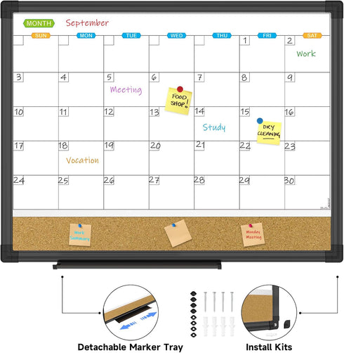 JILoffice Magnetic Calendar Whiteboard & Bulletin Corkboard Combination, Monthly Combo Board 17 x 13 Inch, Black Aluminum Frame Wall Mounted Board for Office Home and School by JILoffice
