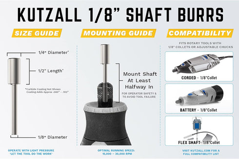 Kutzall Original Cylinder Rotary Burr, 1/8" Shaft, Fine, 1/4" Dia. x 1/2" Length, Woodworking Attachment