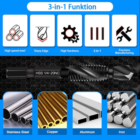 6 Packs Combination Drill & Taps Bit Set, Screw Tapping in SAE Size with Anti-rust Black Coating, 1/4” Hex Shank