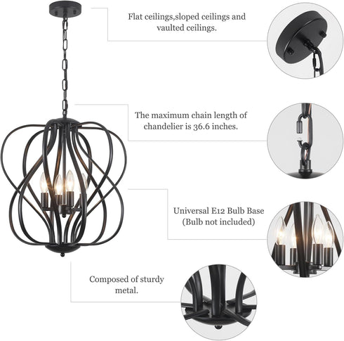 17" Modern Black Sphere Chandelier for Dining Room, Vintage Farmhouse Pendant Light Fixtures Hanging for Entryway