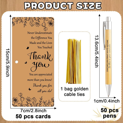 50 Sets gisgfim Employee Appreciation Gift Bulk Inspirational Bamboo Ballpoint Pens with Thank You Greeting Cards