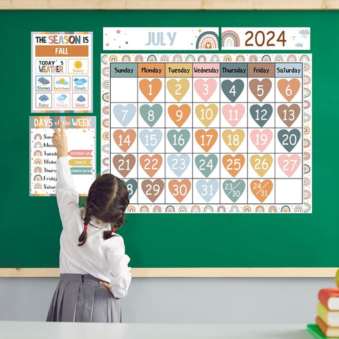 Boho Rainbow Classroom Calendar Set for Teachers, Bulletin Board Decorations with Seasons, Weather, Days of the Week