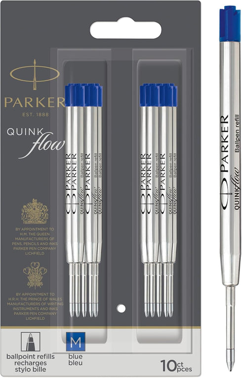 Parker Ballpoint Pen Refills, Medium Point, Blue QUINKflow Ink, 10 Count Compatible with Parker Pens