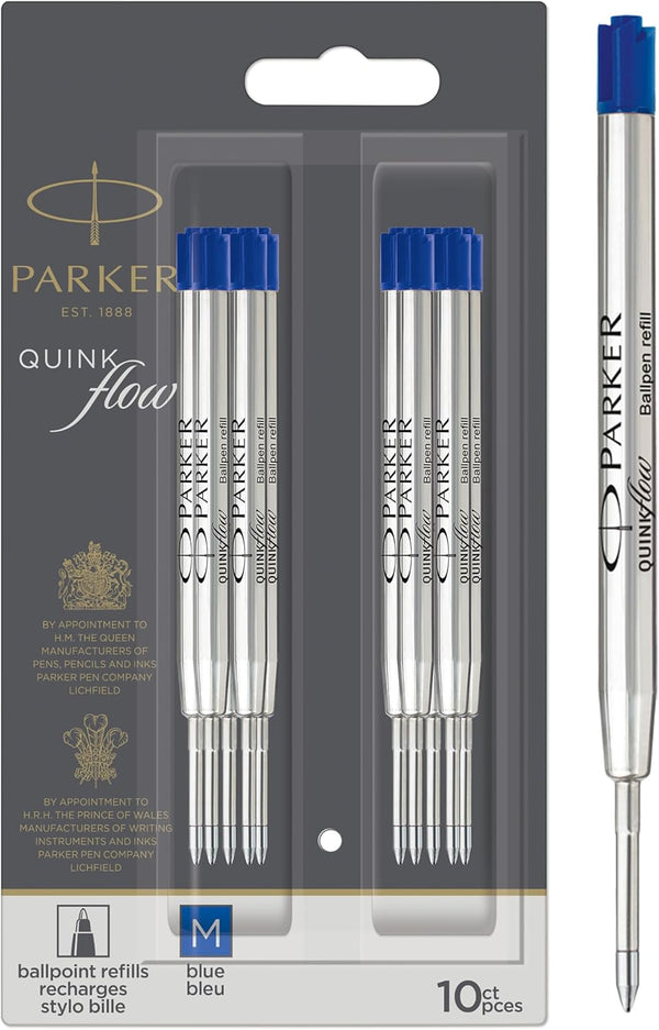 Parker Ballpoint Pen Refills, Medium Point, Blue QUINKflow Ink, 10 Count Compatible with Parker Pens