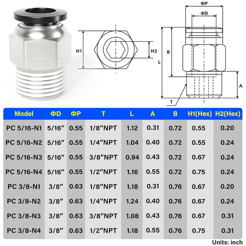 TAILONZ PNEUMATIC Male Straight Push to Connect Fittings - 3/8 Inch Tube OD x 3/8 Inch NPT Thread, Pack of 10