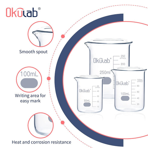 Glass Beaker Set, Low Form Graduated 3.3 Borosilicate Glass Beakers, Vol. 50, 100, 250mL for Lab