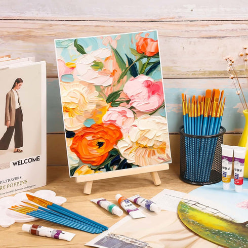 54 Pack Set 8 10 Inch Canvas with Easel x Canvas Boards with Wooden Easels, Paint Brushes Canvas Panel Painting Kit