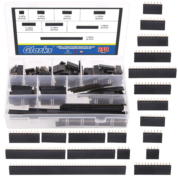 Glarks 240Pcs 2.54mm Straight Single Row PCB Board Female Pin Header Socket Connector Kit