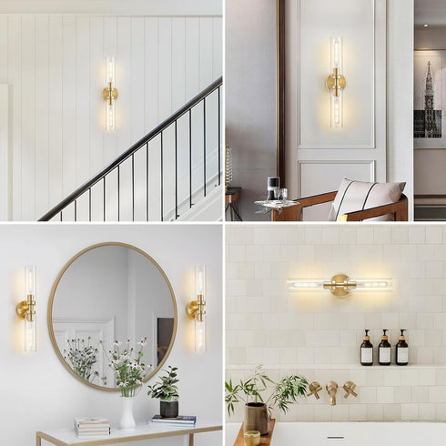 2-Light Lanhall Brushed Brass Gold Bathroom Light Fixtures Over Mirror Modern Vanity Light Wall Lighting with Clear