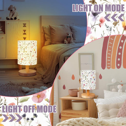 VIHOSE Wildflower Kids Table Lamp for Bedroom Kids Bedside Lamp with Linen Wooden Nightstand Cartoon Nursery Lampshade
