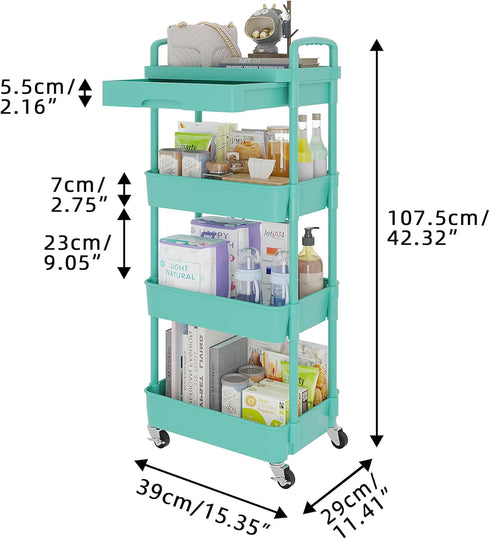 Calmootey 4-Tier Rolling Utility Cart with Drawer, Multifunctional Storage Organizer with Plastic Shelf & Metal Wheel,