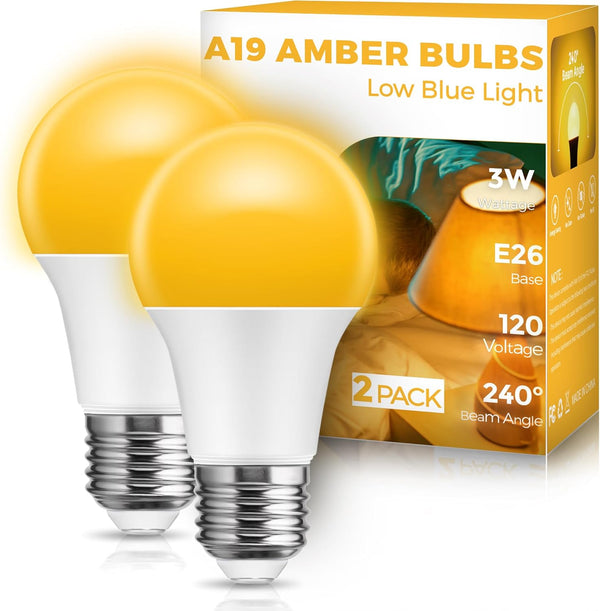 JandCase Amber Light Bulbs, 3W Warm Light, Blue Light Blocking, 40W Equivalent, E26 A19 Dim Light Bulbs, 2 Pack