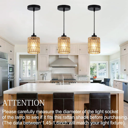 3-Pack Shades,5.9" 4.7" 3-Tier 1.62in Boho Rattan Lamp H x D Woven Small Shade Replacement, Fitter Farmhouse Pendant
