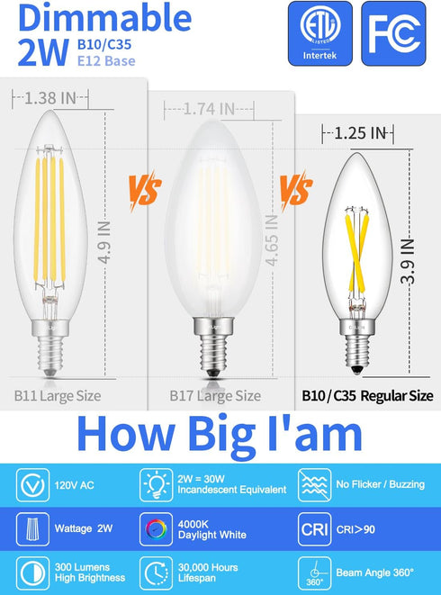 2W 4000K Bulb, 30W 300LM, E12 Dimmable Bulbs, B10 6 Pack CRLight Neutral White LED Candelabra Equivalent LED Chandelier
