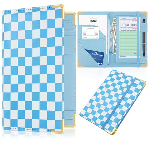 Server Book for Waitresses, Leather with Zipper Pocket, Retro Checkerboard Design Guest