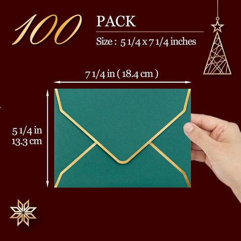 Invitation Envelopes, 100-Pack 5x7 for Invitations, Gold Foil Bordered A7, Christmas Colors