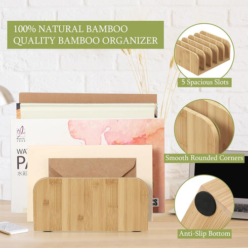 Desk Mail Organizer Bamboo File Holders Countertop Paper Organizer Letter Sorter 5 Compartments Envelope Organizer with Anti Slip Mat for Home Office School Desktop Document Organization by Lineshading