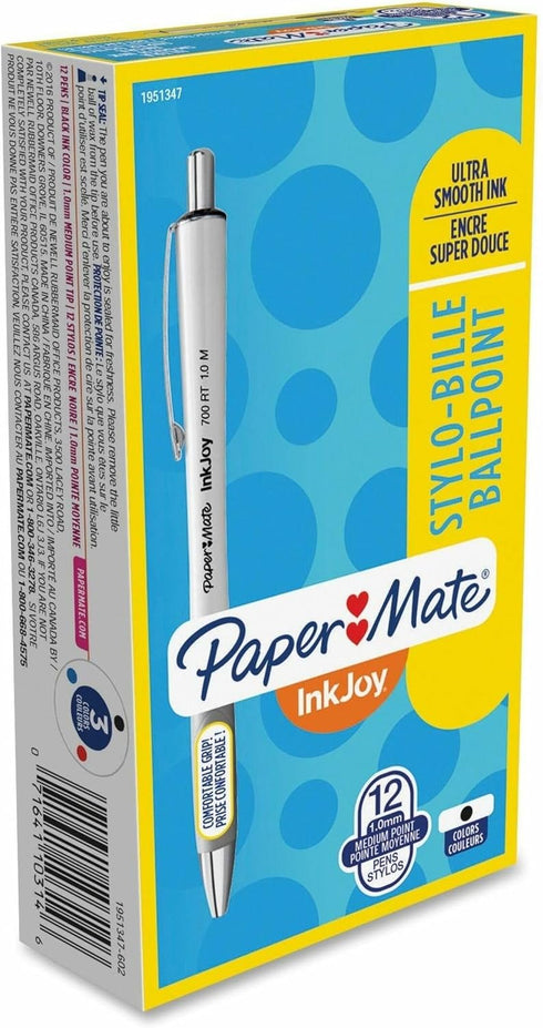 Paper Mate Inkjoy 700 Rt Ballpoint Pen, Retractable, Medium 1 Mm, Black Ink, White Barrel, Dozen