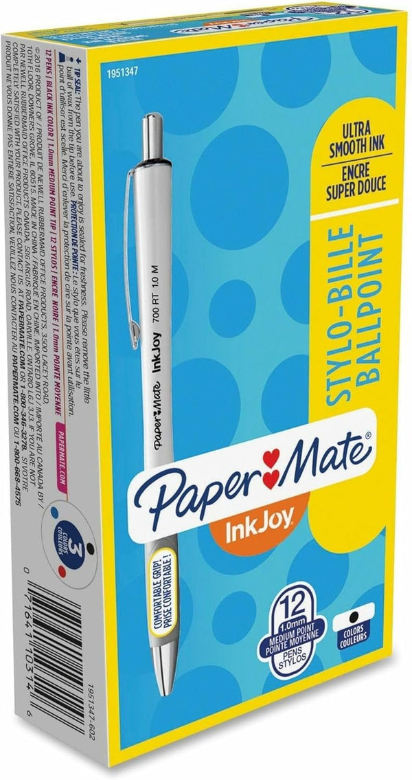 Paper Mate Inkjoy 700 Rt Ballpoint Pen, Retractable, Medium 1 Mm, Black Ink, White Barrel, Dozen