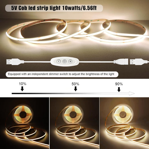 4000K 92+ 5V Dimmable 6ft Dimmer COB LED Strip Lights Natural White CRI Even Lighting Short Flexible Cuttable