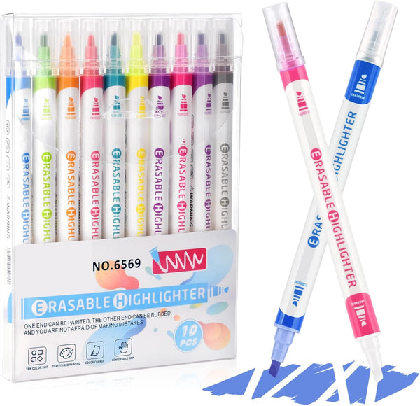 YOOUSOO Erasable Highlighters, 10 Colors, Double Head Smooth Writing Chisel Tip Markers