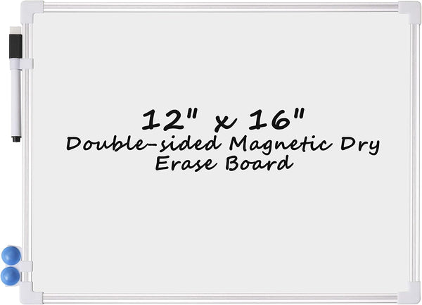 White Board Dry Erase, Small 12" x 16" Double Sided Magnetic Whiteboard with Dry Erase Marker & Magnets, Aluminum Frame