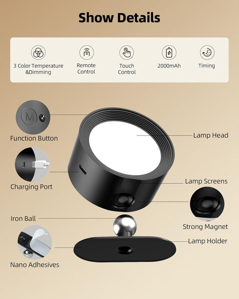 3 360Rotation Dimmable 1 Pack) LED Wall Mounted Lights, Rechargeable Wall Sconces Lamp, Color Temps & Remote and Touch
