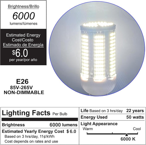 2 Pack 400W Equivalent LED Corn Light Bulb, 6000 Lumen 6000K Daylight, E26/E27 Medium Base for Indoor Garage Warehouse