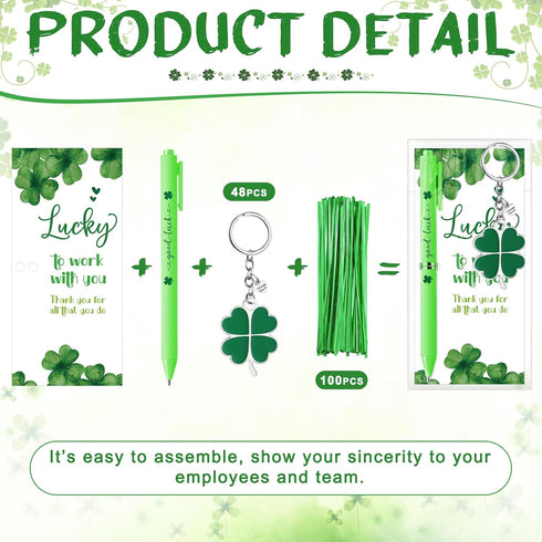 Fullhawl 48 Sets Shamrock Pen Gifts Bulk for Employee Good Luck Ballpoint Pens Clover Keychains with Thank You Cards