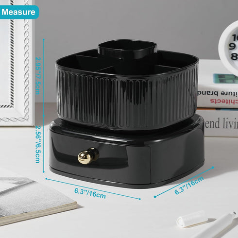 Desk Organizer with Drawer, 5 Slots 360 Degree Rotating Pencil Pen Holder for Office Accessories, Black