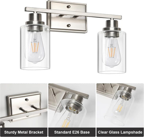Unicozin 2 Light Bathroom Light Fixtures, Modern Vanity Lights Over Mirror, Brushed Nickel Wall Lamp with Clear Glass