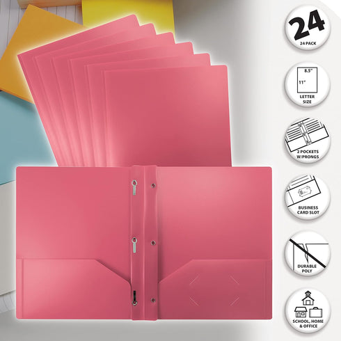 Better Office Products Pink Plastic 2 Pocket Folders with Prongs, Heavyweight, 24 Pack, Letter Size