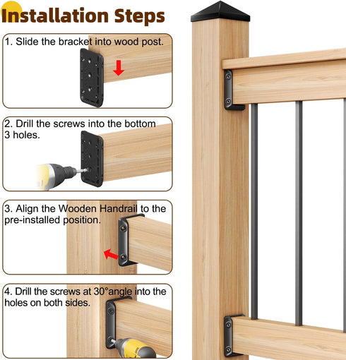 4pcs Deck Railing Bracket Connectors for 2 4 Deck Railing Wood Post, with Coated Screws and Drill Bit
