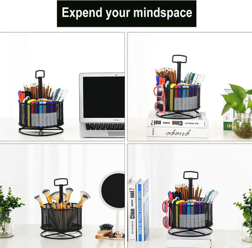 Marbrasse Mesh Desk Organizer, 360-Degree Rotating Multi-Functional Pen Holder, 4 Compartments for Home Office Storage