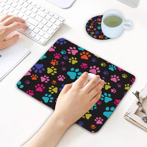 Mouse Pad and Coasters Set - Multicolor Dog Paws Mouse Pad, Non-Slip Rubber Base for Office