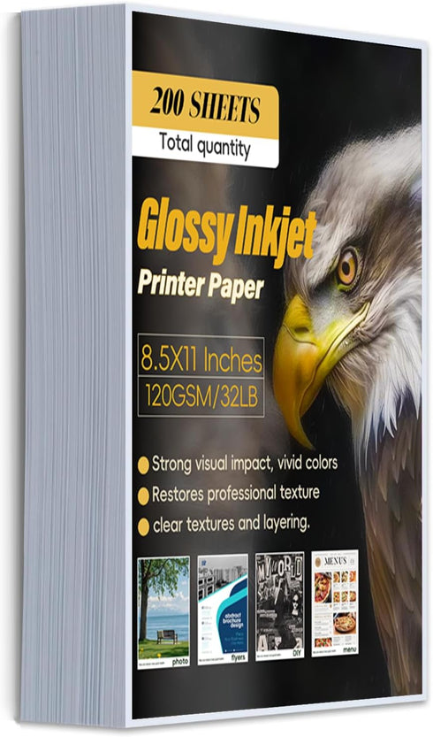 Glossy Inkjet Photo Paper 8.5x11 In, 200 Sheets 120GSM/32LB Double-sided Thin Instant