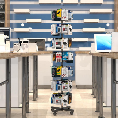 7 Retail Display Racks Tier Spinning Display Stand, Movable Shop Spinner Rack with Hooks, Retail Display Stand