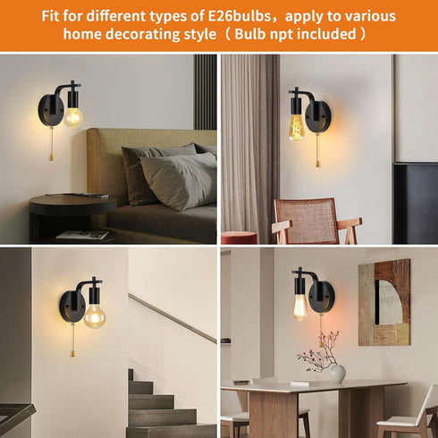 Glighone Set E26 Vintage Pull Chain Wall Lights of Two with Switch Wall Lamp,Black Wall Light Industrial Wall Lighting